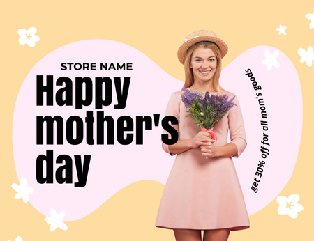Template di design Donna con fiori viola per la festa della mamma Thank You Card 5.5x4in Horizontal