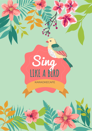 Karaoke cafe Ad with cute bird Poster Design Template