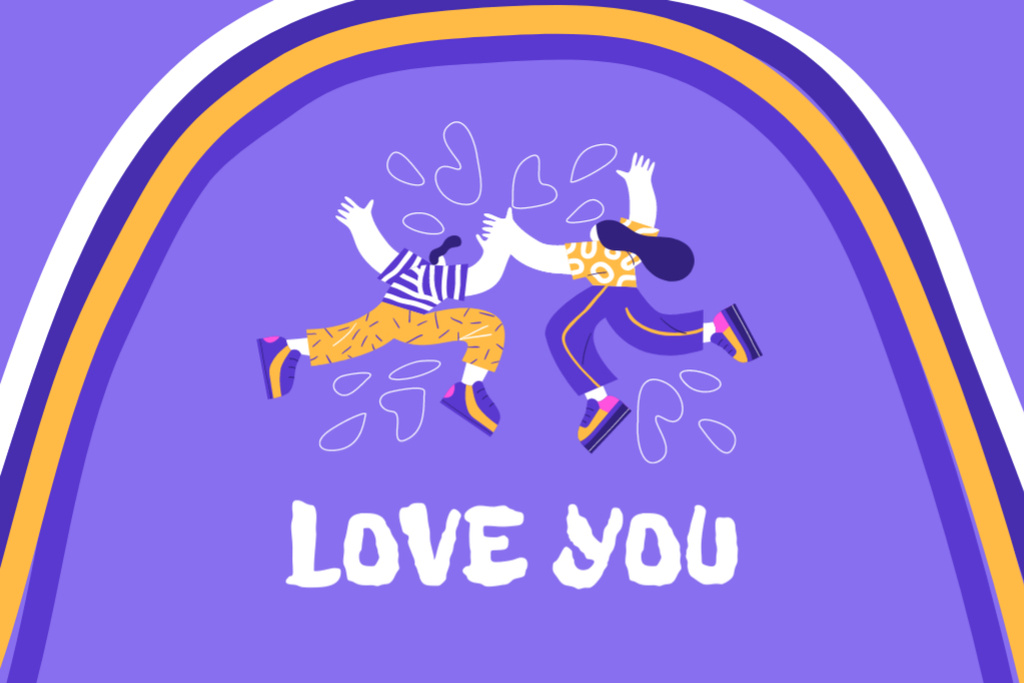 Plantilla de diseño de Love Phrase With Young Couple And Rainbow Postcard 4x6in 