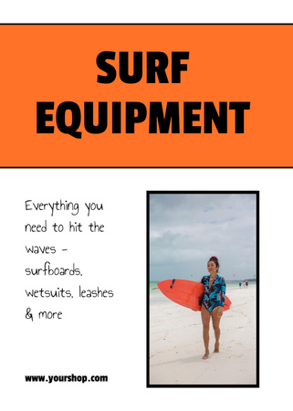 Designvorlage Angebot zum Verkauf von Surfausrüstung mit Frau am Strand für Postcard 5x7in Vertical