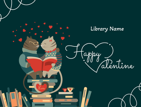 Happy Valentines Day with Cats in Love Reading Book Thank You Card 4.2x5.5in Design Template