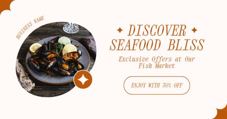 Реклама рыбного рынка с вкусным блюдом из морепродуктов Facebook AD – шаблон для дизайна