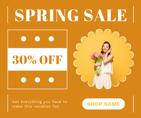 Spring Sale Announcement with Woman with Tulip Bouquet Facebook Design Template