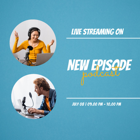 Template di design Podcast Announcement with Woman and Man in Studio Instagram