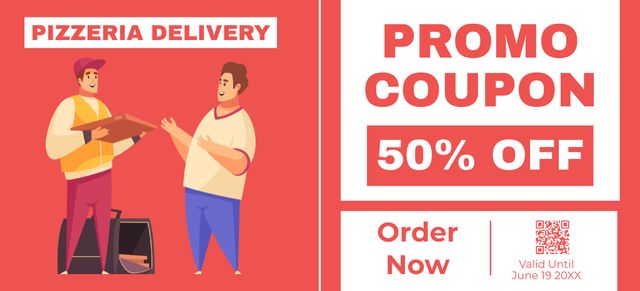 Discount Offer for Pizza Delivery with Courier and Customer Coupon 3.75x8.25in Design Template