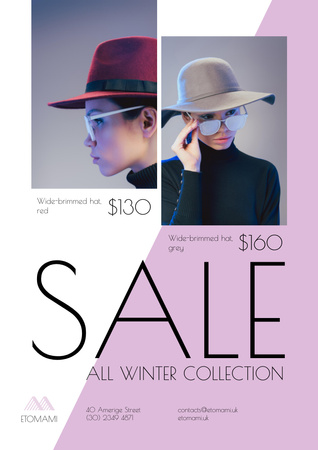 Ontwerpsjabloon van Poster A3 van Seizoensgebonden verkoop met vrouw met stijlvolle hoed