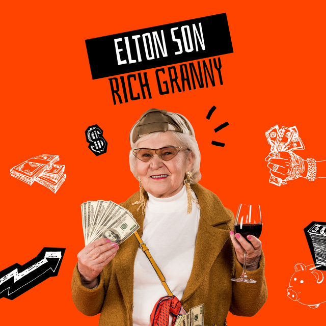 Funny Granny holding Dollars and Wine Album Cover Design Template