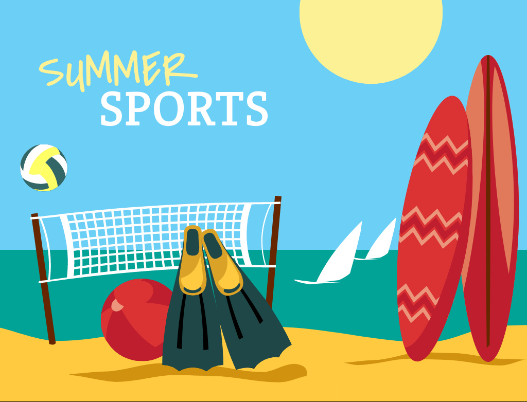 Designvorlage Summer Sports With Beach Illustration and Surfboards für Postcard 4.2x5.5in
