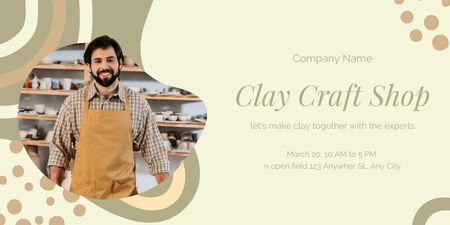 Clay Craft Shop Ad with Smiling Male Potter in Apron Twitter Design Template