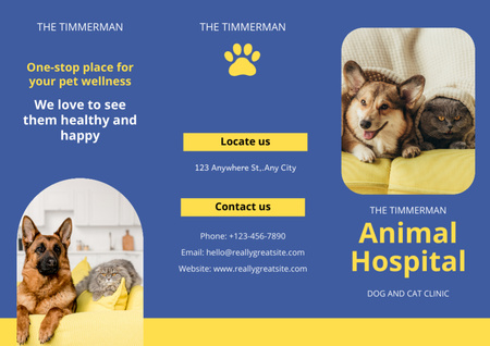 Designvorlage Tierklinik-Serviceangebot mit süßen Hunden und Katzen für Brochure
