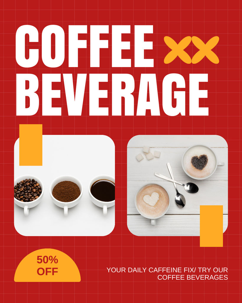 Coffee Beverages In Shop At Half Price In Red Instagram Post Vertical Πρότυπο σχεδίασης