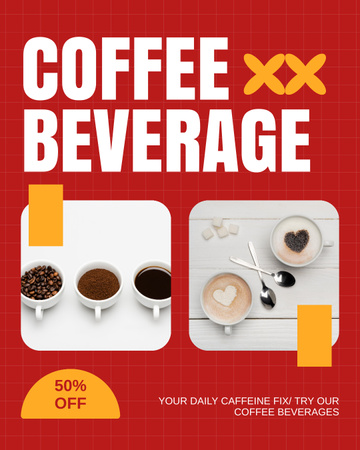 Designvorlage Kaffeegetränke im Shop zum halben Preis in Rot für Instagram Post Vertical