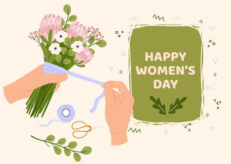 Kansainvälisen naistenpäivän tervehdys kauniilla kukkakimppuilla Postcard Design Template