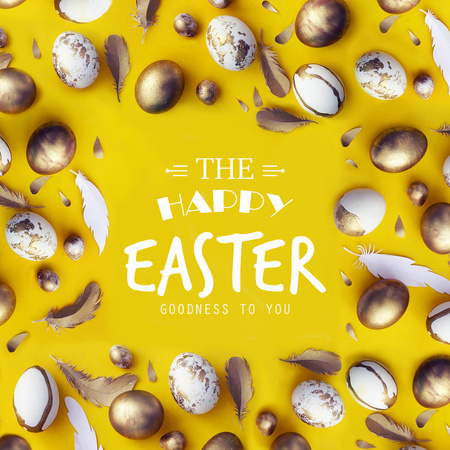 Feliz feriado de Páscoa parabéns com ovos pintados em amarelo Instagram Modelo de Design