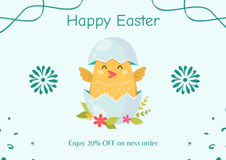 Modèle de visuel Voeux de vacances de Pâques avec dessin animé petit poussin dans l'oeuf - Card