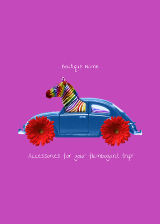 Funny Illustration of Zebra in Car Postcard 5x7in Vertical Design Template