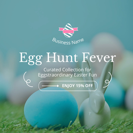 Anúncio de caça aos ovos de Páscoa com lindo ovo azul e coelhinho Instagram AD Modelo de Design