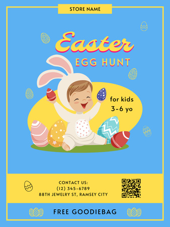 Designvorlage Ostereiersuche-Ankündigung mit fröhlichem Kind, das als Kaninchen verkleidet ist für Poster US