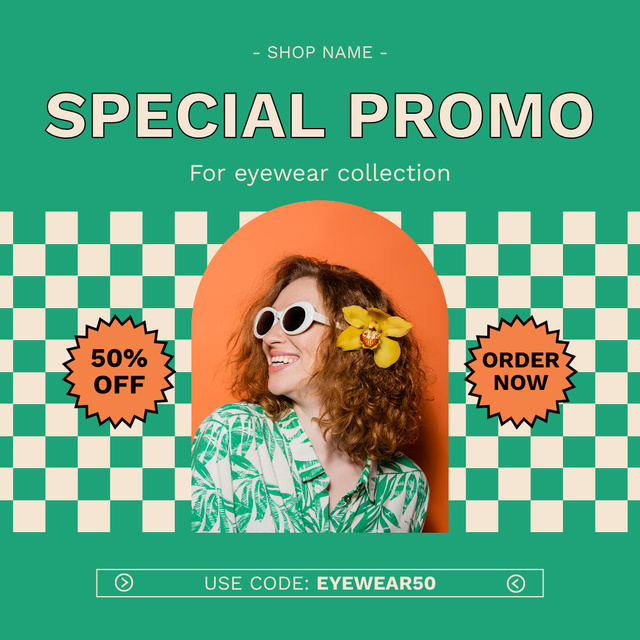 Special Promo with Woman wearing Stylish Sunglasses and Hat Instagram Design Template