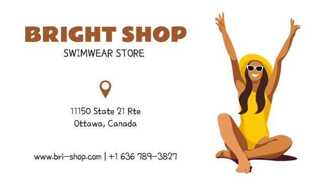 Swimwear Shop Advertisement with Attractive Woman in Swimsuit Business Card US Modelo de Design