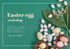 Easter Workshop Announcement with Painted Eggs in Nests on Green