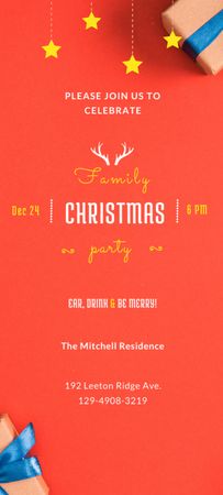 Christmas Family Party Alert on Red Layout Invitation 9.5x21cm Design Template