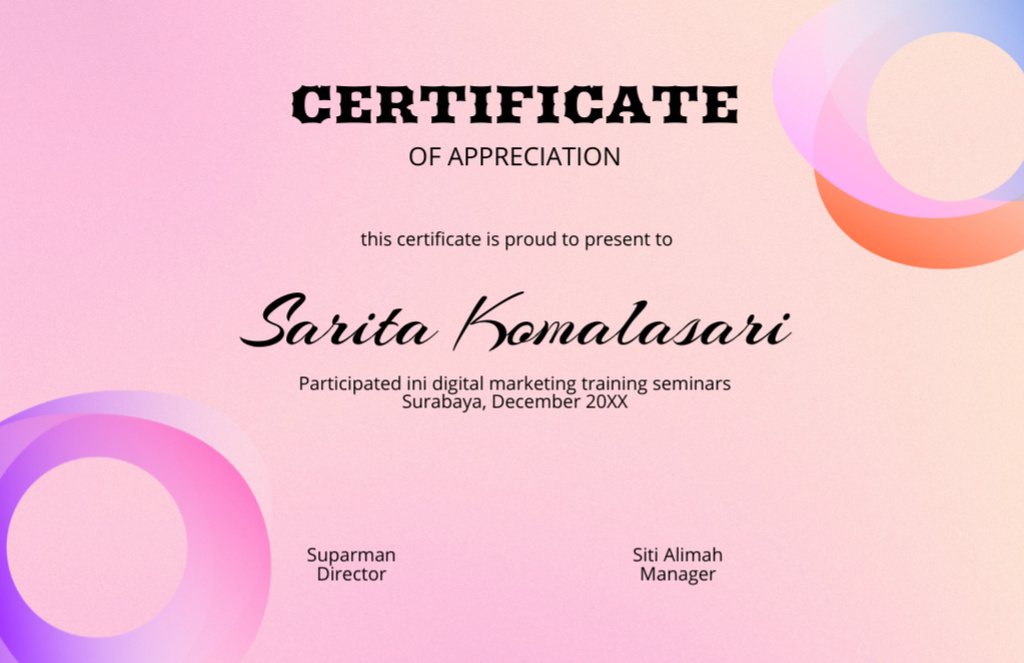 Award for Participation in Digital Marketing Seminars Certificate 5.5x8.5inデザインテンプレート