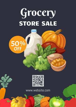 Sale Offer For Fruits And Vegetables With Qr-Code Poster Design Template