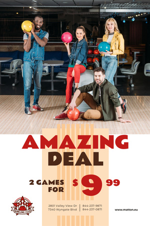 Bowling Offer with Couples holding Balls Pinterest Design Template