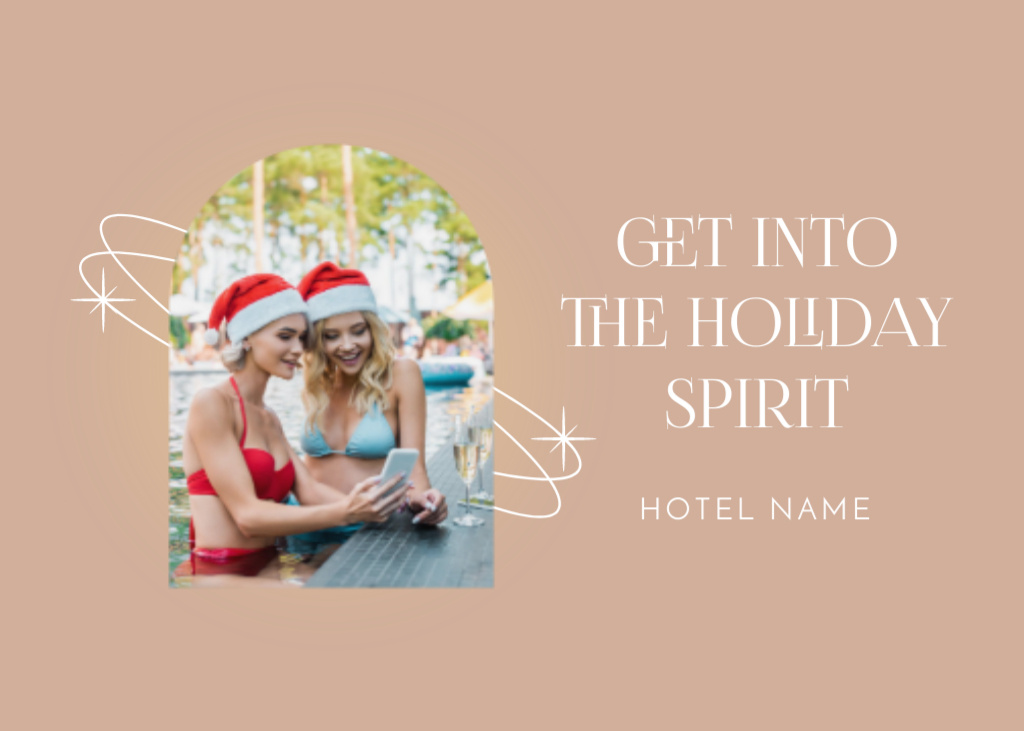 Ontwerpsjabloon van Postcard 5x7in van Delightful Christmas In July In Hotel Pool With Slogan