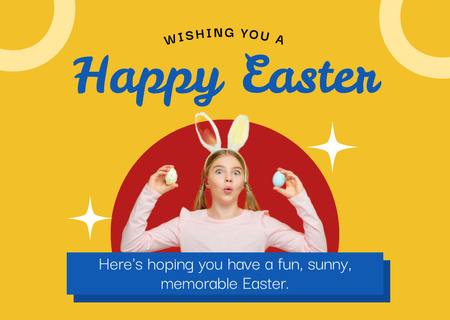 Plantilla de diseño de Saludo de vacaciones de Pascua con una jovencita en orejas de conejo con huevos de Pascua Card 