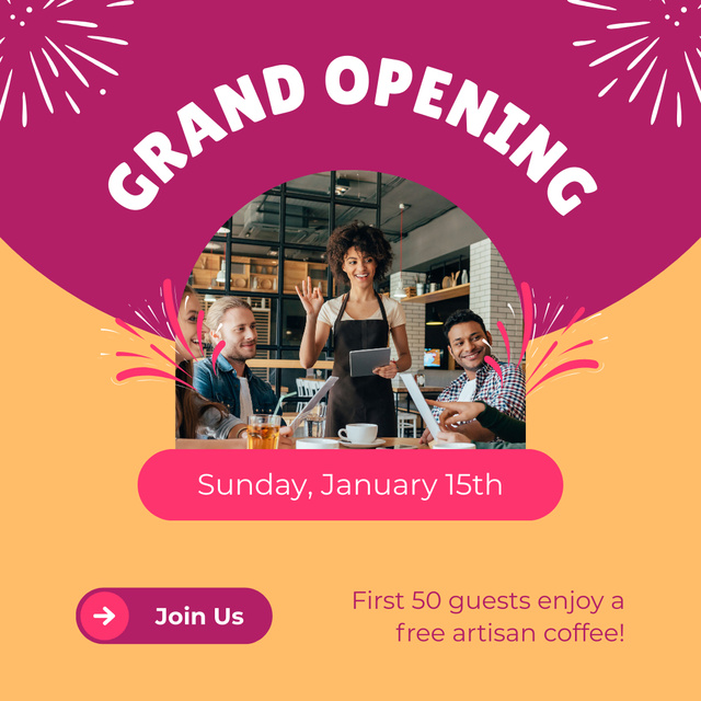 Cafe Grand Opening On Saturday With Coffee Promo Instagram Modelo de Design