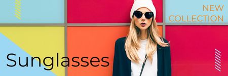 Anúncio de óculos de sol com linda garota na parede brilhante Email header Modelo de Design