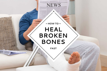 Designvorlage Man with broken bones sitting on sofa reading newspaper für Postcard 4x6in