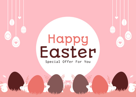 Pääsiäisen erikoistarjous, jossa on pääsiäispupuja ja perinteisiä värjättyjä munia Postcard 5x7in Design Template