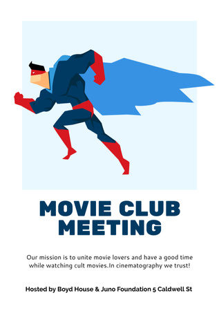 Ontwerpsjabloon van Flyer A5 van Mooie filmclubbijeenkomst met superheld