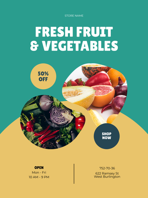Modèle de visuel Fresh Fruits and Vegetables at Grocery Store - Poster US