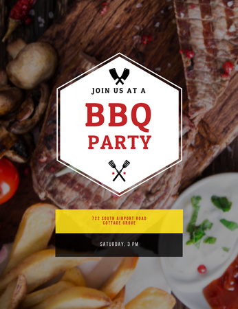 Designvorlage BBQ-Party-Ankündigung mit Saucen und Steak für Invitation 13.9x10.7cm