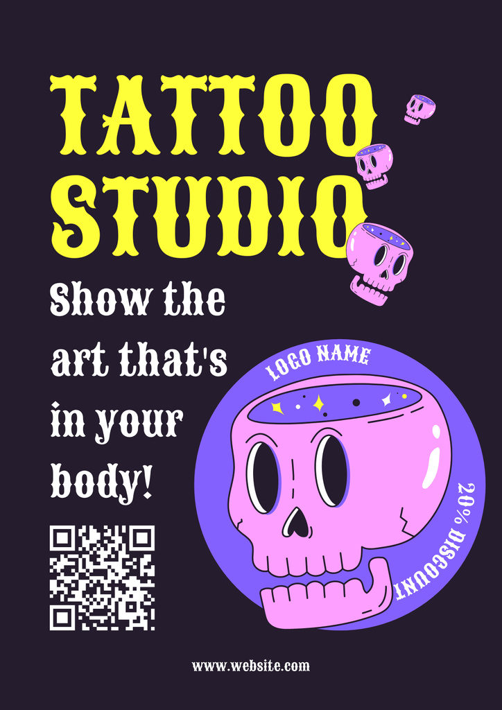 Illustrated Skulls And Tattoo Studio Service With Discount Poster – шаблон для дизайна