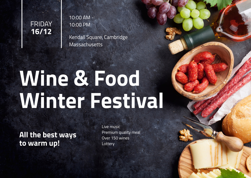 Food Festival Invitation with Wine and Snacks Set Poster A2 Horizontal Šablona návrhu