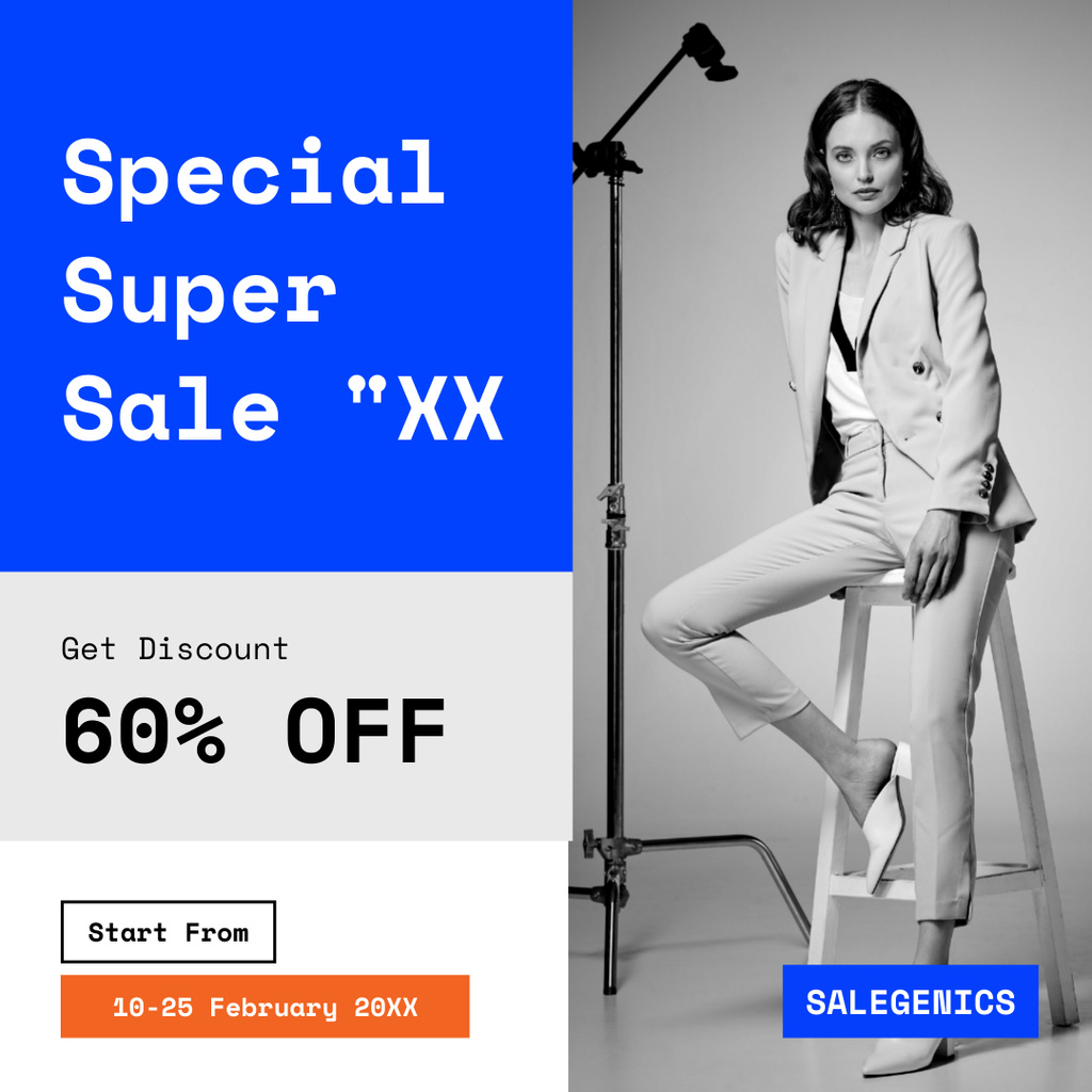 Platilla de diseño Special Super Sale Announcement with Stylish Woman in Suit Instagram