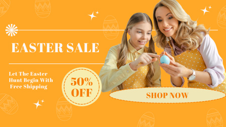 Easter Sale Ad with Cheerful Kid and Mother Painting Egg FB event cover Design Template