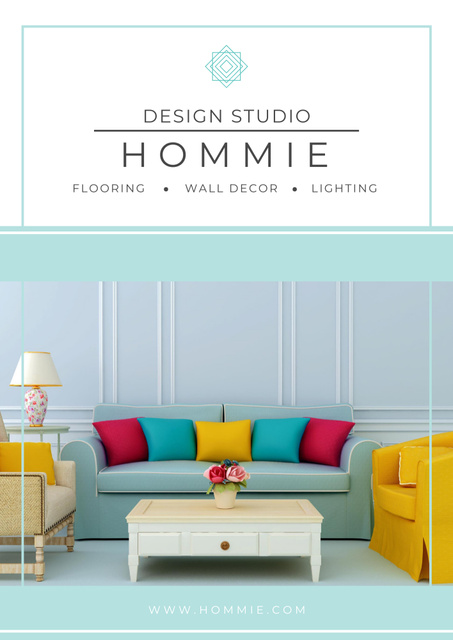 Design Studio Ad with Blue Sofa and Bright Colorful Pillows Poster B2 tervezősablon