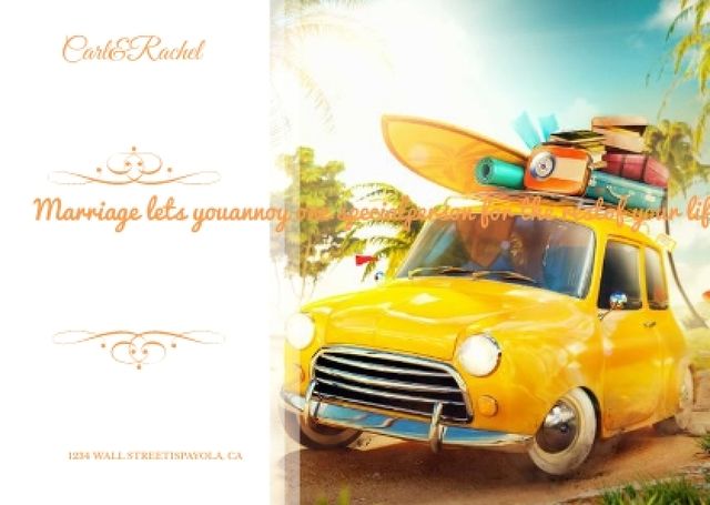 Ontwerpsjabloon van Postcard van Wedding Invitation Quote with Car and Suitcases