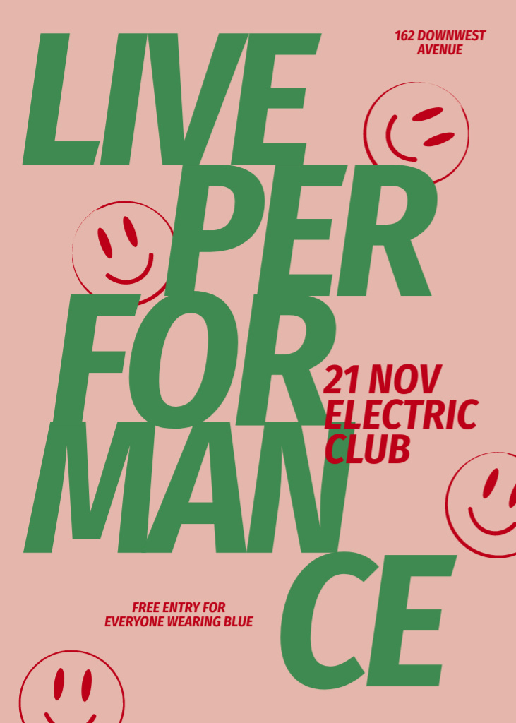 Live Performance Event with Emoticons on Pink and Green Flayer Modelo de Design
