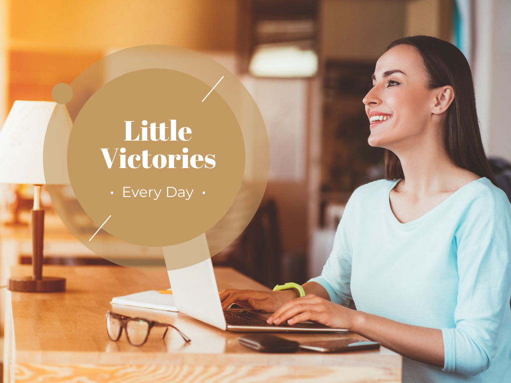 Smiling Woman working on Laptop Presentation Design Template