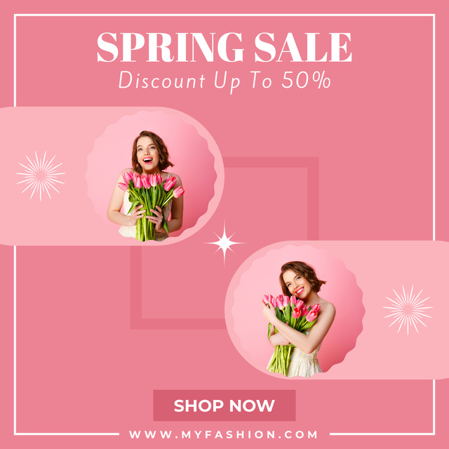 Designvorlage Spring Sale Announcement with Stylish Girl with Tulips für Instagram
