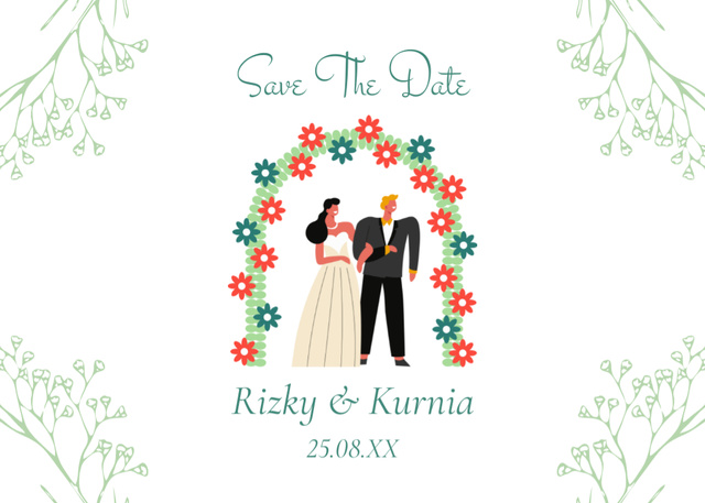 Ontwerpsjabloon van Postcard 5x7in van Wedding Announcement with Beautiful Couple in Wedding Arch