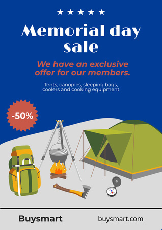 Memorial Day Sale Announcement with Tourist Equipment Poster A3 Design Template