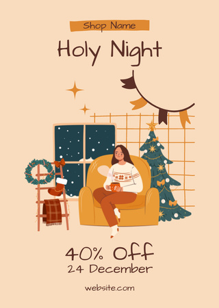 Christmas Holy Night Sale Offer With Festive Interior Postcard A6 Vertical Design Template